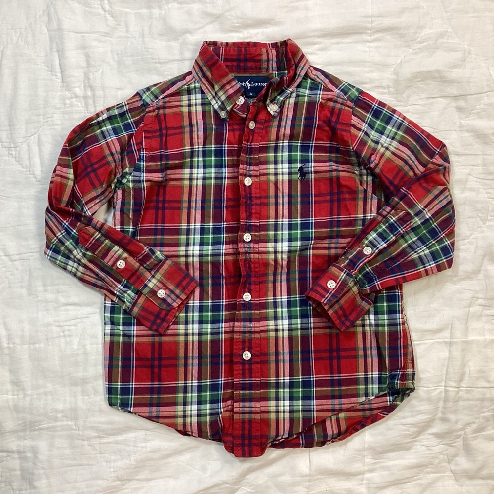 Boys Ralph Lauren Red Green Plaid LS Button Down Shirt 4‎